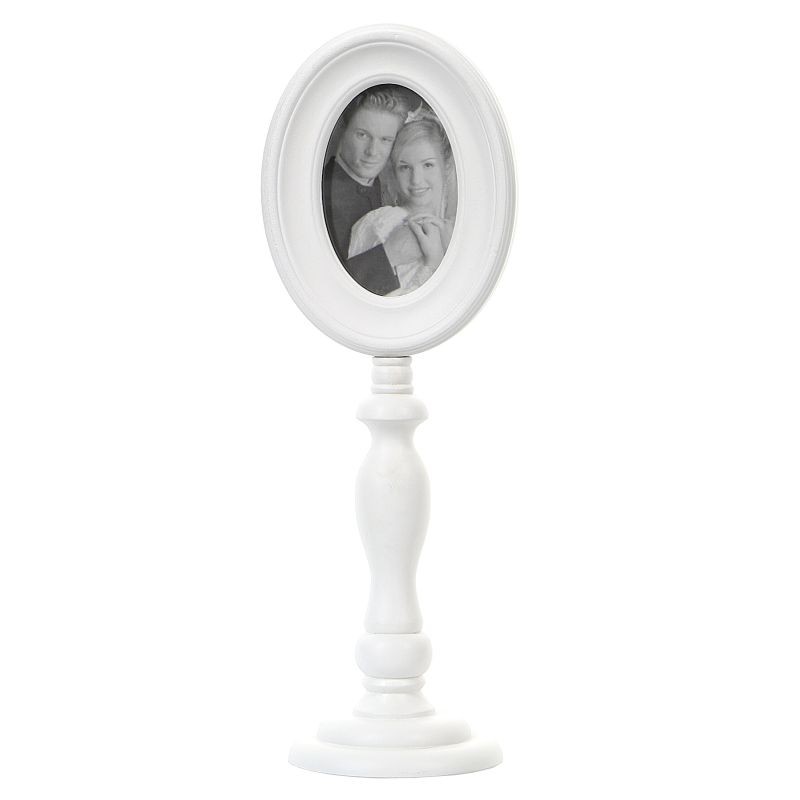 Rama foto ovala, picior inalt din lemn alb, design vintage decor masa, 21x16x44cm - imagine 5